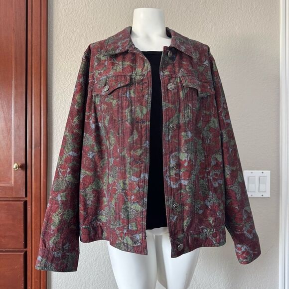 CJ Banks Red and Green Jean Jacket with Floral Pattern X - Picture 12 of 12